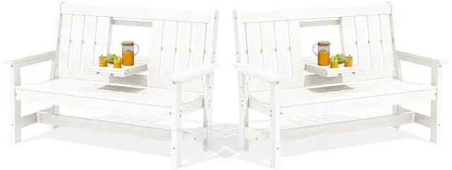 Main image of Outdoor Bench with Cup Holder, Oversized 58" HDPE Porch Bench Suitable for 3 Person, All Weather Patio Benches with High Backrest for Garden, Park, Yard, Front Porch, White