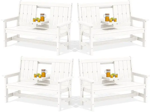 Main image of Outdoor Bench with Cup Holder, Oversized 58" HDPE Porch Bench Suitable for 3 Person, All Weather Patio Benches with High Backrest for Garden, Park, Yard, Front Porch, White