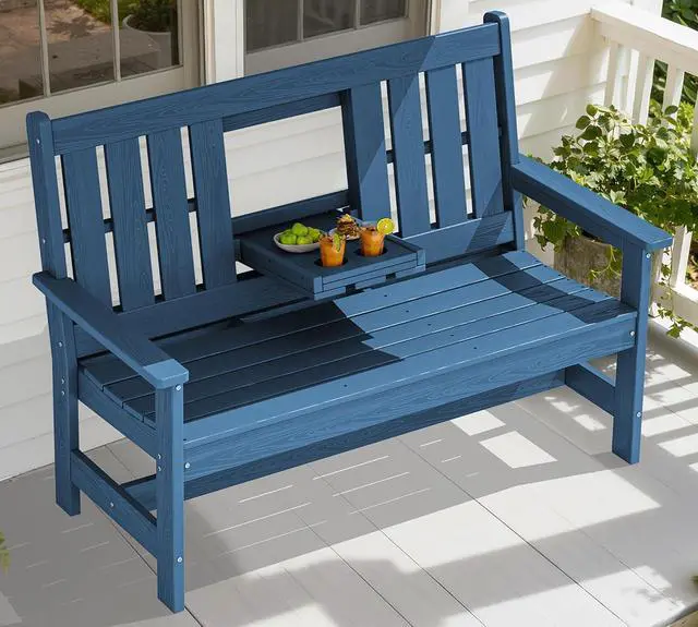 Main image of Outdoor Bench with Cup Holder, Oversized 58" HDPE Porch Bench Suitable for 3 Person, All Weather Patio Benches with High Backrest for Garden, Park, Yard, Front Porch, Navy