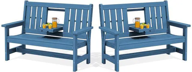 Main image of Outdoor Bench with Cup Holder, Oversized 58" HDPE Porch Bench Suitable for 3 Person, All Weather Patio Benches with High Backrest for Garden, Park, Yard, Front Porch, Navy