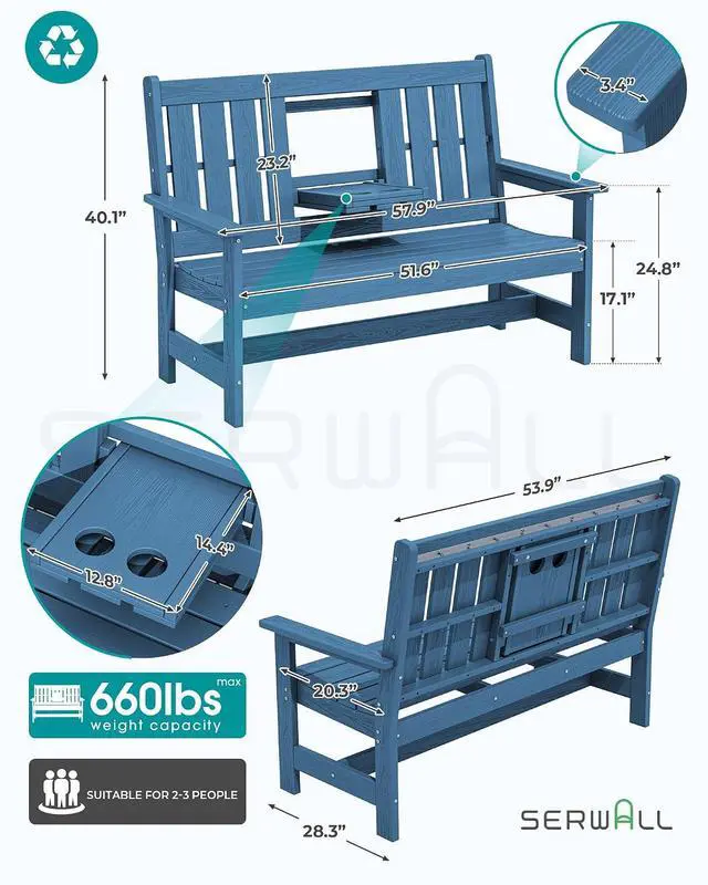 Alt view image 2 of 7 - Outdoor Bench with Cup Holder, Oversized 58" HDPE Porch Bench Suitable for 3 Person, All Weather Patio Benches with High Backrest for Garden, Park, Yard, Front Porch, Navy