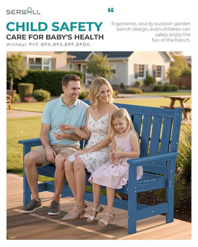Alt view image 4 of 7 - Outdoor Bench with Cup Holder, Oversized 58" HDPE Porch Bench Suitable for 3 Person, All Weather Patio Benches with High Backrest for Garden, Park, Yard, Front Porch, Navy