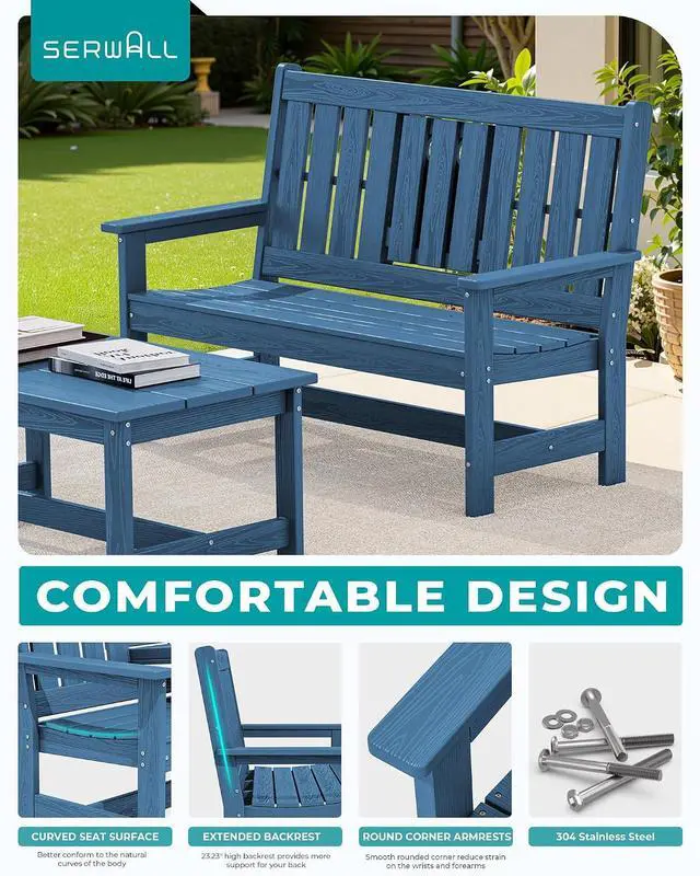 Alt view image 5 of 7 - Outdoor Bench with Cup Holder, Oversized 58" HDPE Porch Bench Suitable for 3 Person, All Weather Patio Benches with High Backrest for Garden, Park, Yard, Front Porch, Navy