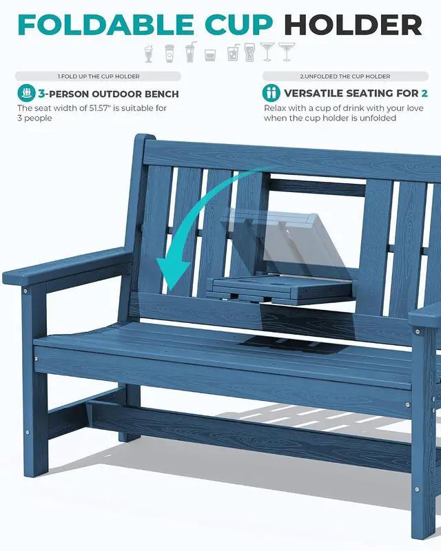 Alt view image 6 of 7 - Outdoor Bench with Cup Holder, Oversized 58" HDPE Porch Bench Suitable for 3 Person, All Weather Patio Benches with High Backrest for Garden, Park, Yard, Front Porch, Navy