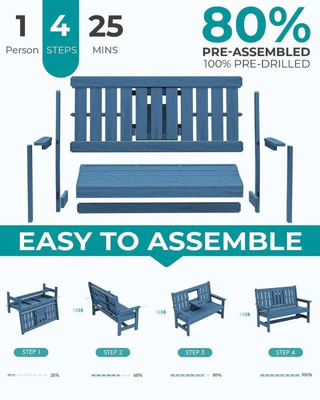 Alt view image 7 of 7 - Outdoor Bench with Cup Holder, Oversized 58" HDPE Porch Bench Suitable for 3 Person, All Weather Patio Benches with High Backrest for Garden, Park, Yard, Front Porch, Navy
