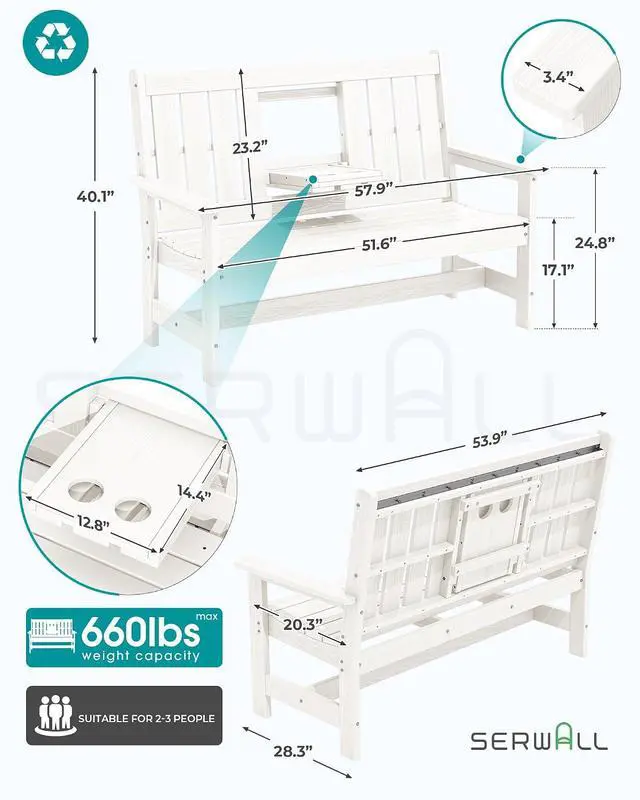 Alt view image 2 of 7 - Outdoor Bench with Cup Holder, Oversized 58" HDPE Porch Bench Suitable for 3 Person, All Weather Patio Benches with High Backrest for Garden, Park, Yard, Front Porch, White