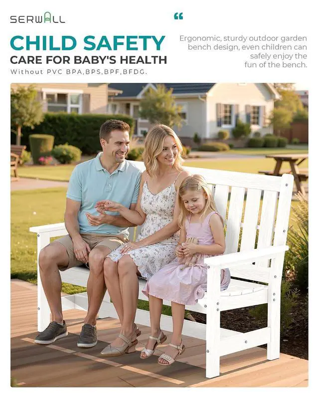 Alt view image 4 of 7 - Outdoor Bench with Cup Holder, Oversized 58" HDPE Porch Bench Suitable for 3 Person, All Weather Patio Benches with High Backrest for Garden, Park, Yard, Front Porch, White