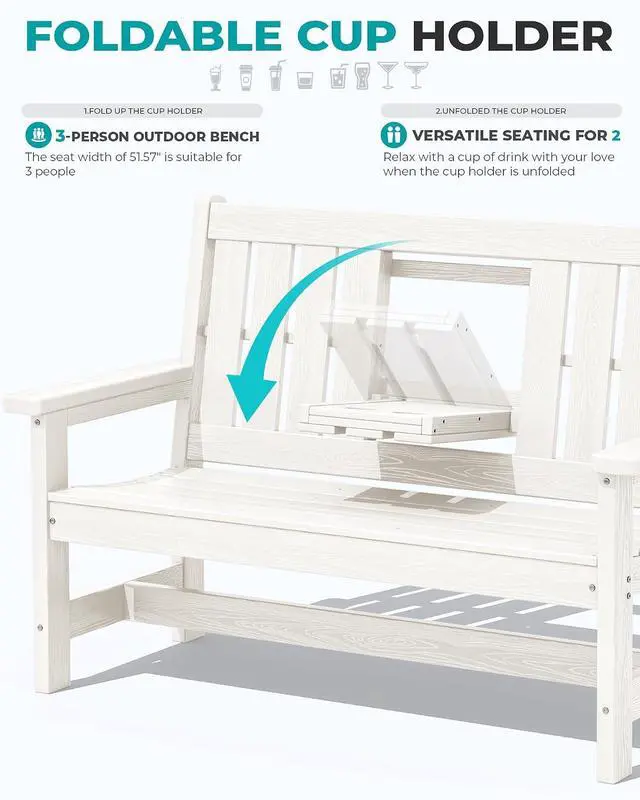Alt view image 6 of 7 - Outdoor Bench with Cup Holder, Oversized 58" HDPE Porch Bench Suitable for 3 Person, All Weather Patio Benches with High Backrest for Garden, Park, Yard, Front Porch, White