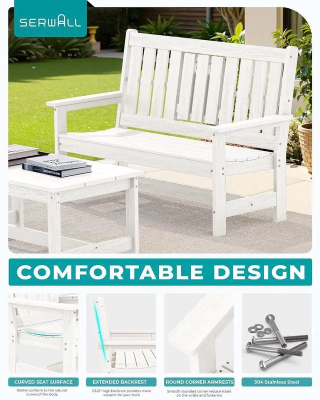 Alt view image 5 of 7 - Outdoor Bench with Cup Holder, Oversized 58" HDPE Porch Bench Suitable for 3 Person, All Weather Patio Benches with High Backrest for Garden, Park, Yard, Front Porch, White