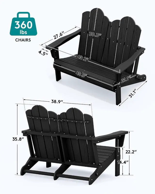 Alt view image 3 of 7 - Folding Adirondack Bench, HDPE All-Weather Adirondack Loveseat Set of 2, Black