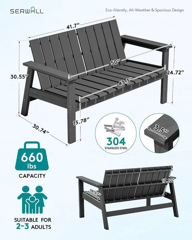Alt view image 2 of 7 - HDPE Outdoor Bench, 2-Person All-Weather Outdoor Bench, Patio Garden Bench with 660 lbs Capacity, Outdoor Patio Bench for Deck, Lawn, Garden, Grey