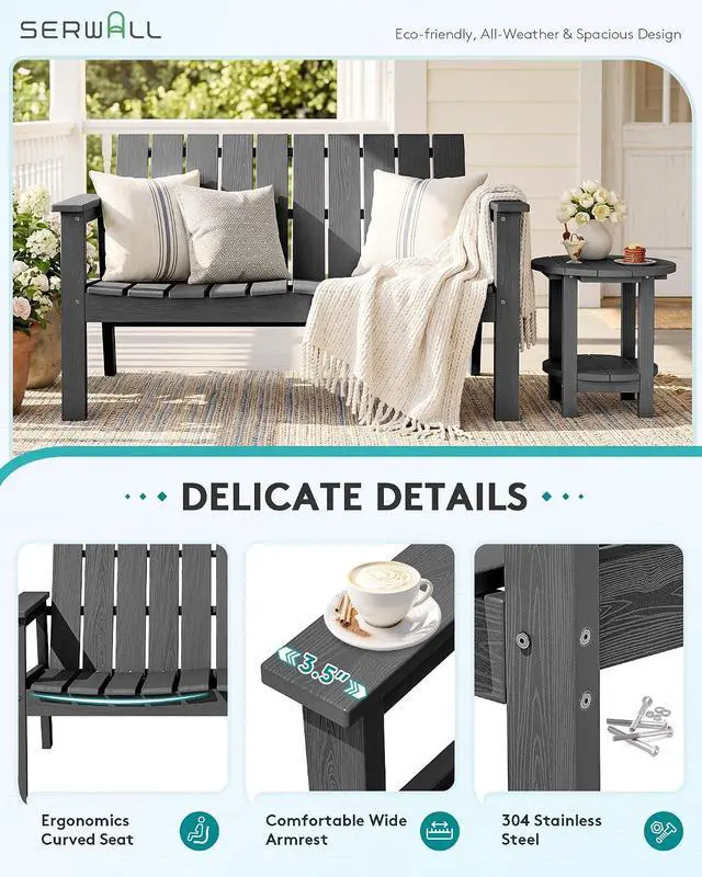 Alt view image 3 of 7 - HDPE Outdoor Bench, 2-Person All-Weather Outdoor Bench, Patio Garden Bench with 660 lbs Capacity, Outdoor Patio Bench for Deck, Lawn, Garden, Grey