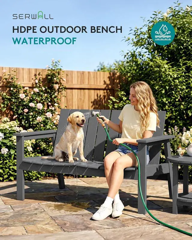 Alt view image 4 of 7 - HDPE Outdoor Bench, 2-Person All-Weather Outdoor Bench, Patio Garden Bench with 660 lbs Capacity, Outdoor Patio Bench for Deck, Lawn, Garden, Grey