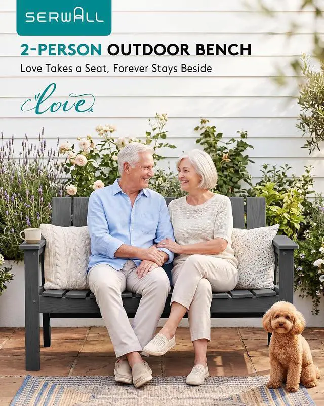 Alt view image 7 of 7 - HDPE Outdoor Bench, 2-Person All-Weather Outdoor Bench, Patio Garden Bench with 660 lbs Capacity, Outdoor Patio Bench for Deck, Lawn, Garden, Grey