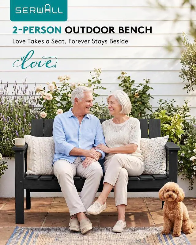 Alt view image 7 of 7 - HDPE Outdoor Bench, 2-Person All-Weather Outdoor Bench, Patio Garden Bench with 660 lbs Capacity, Outdoor Patio Bench for Deck, Lawn, Garden, Black