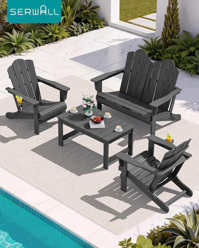 Alt view image 2 of 7 - Adirondack Bench, HDPE All-Weather Adirondack Loveseat, Outdoor Adirondack Chair for 2, Grey