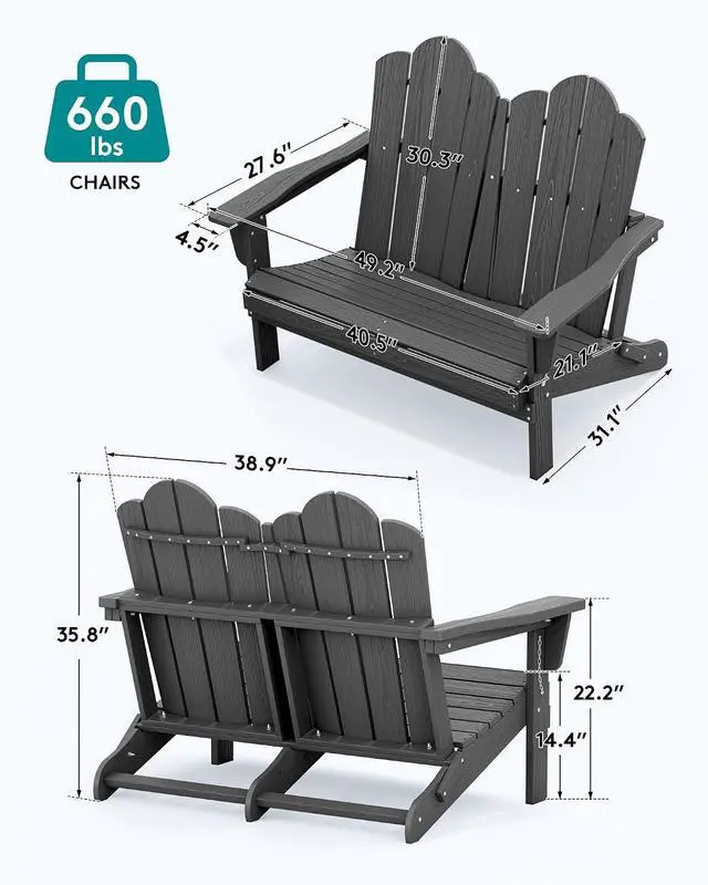 Alt view image 3 of 7 - Adirondack Bench, HDPE All-Weather Adirondack Loveseat, Outdoor Adirondack Chair for 2, Grey
