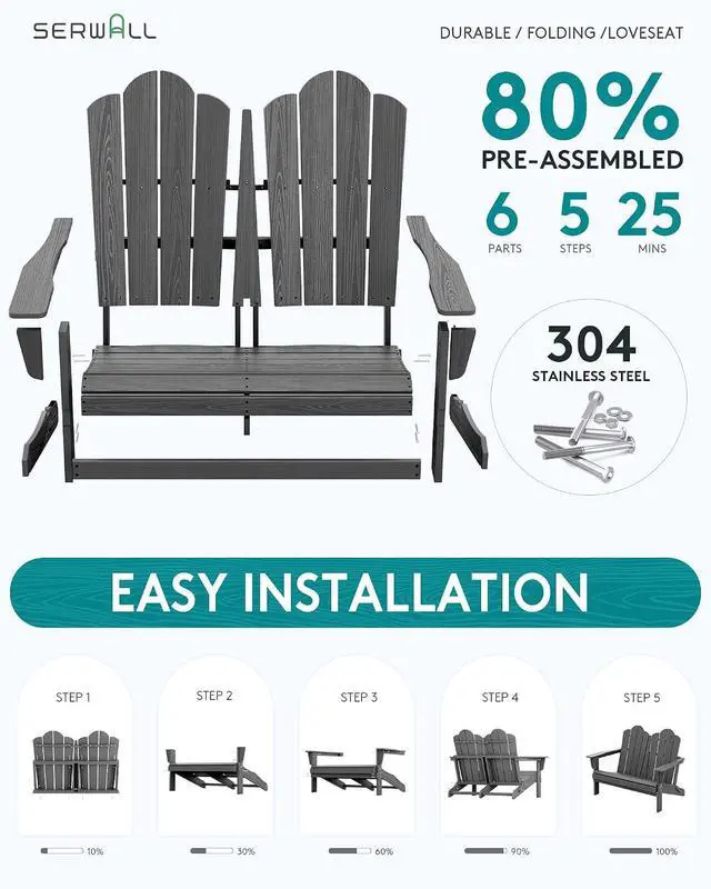 Alt view image 4 of 7 - Adirondack Bench, HDPE All-Weather Adirondack Loveseat, Outdoor Adirondack Chair for 2, Grey