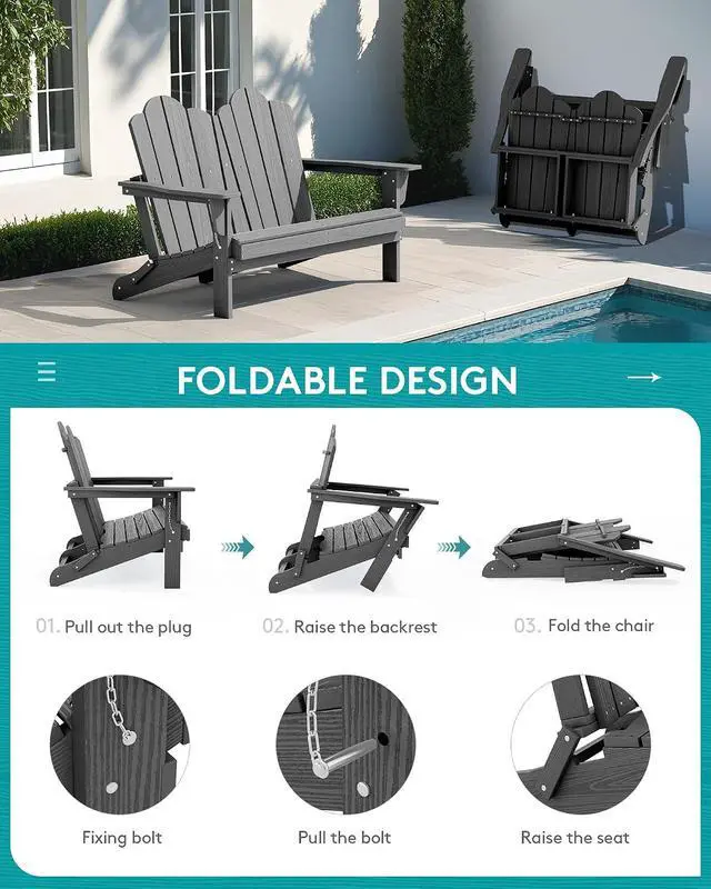 Alt view image 5 of 7 - Adirondack Bench, HDPE All-Weather Adirondack Loveseat, Outdoor Adirondack Chair for 2, Grey