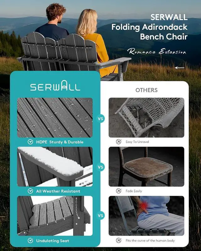 Alt view image 7 of 7 - Adirondack Bench, HDPE All-Weather Adirondack Loveseat, Outdoor Adirondack Chair for 2, Grey
