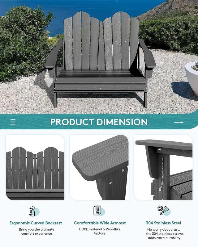 Alt view image 6 of 7 - Adirondack Bench, HDPE All-Weather Adirondack Loveseat, Outdoor Adirondack Chair for 2, Grey