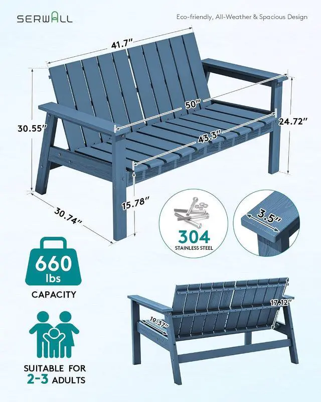 Alt view image 2 of 7 - HDPE Outdoor Bench, 2-Person All-Weather Outdoor Bench, Patio Garden Bench with 660 lbs Capacity, Outdoor Patio Bench for Deck, Lawn, Garden, Navy