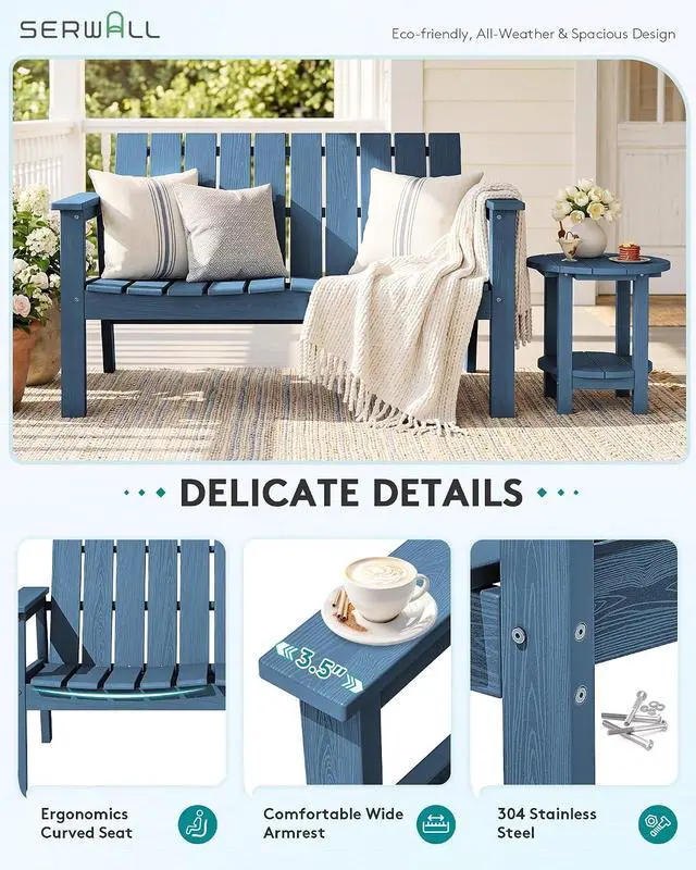 Alt view image 3 of 7 - HDPE Outdoor Bench, 2-Person All-Weather Outdoor Bench, Patio Garden Bench with 660 lbs Capacity, Outdoor Patio Bench for Deck, Lawn, Garden, Navy