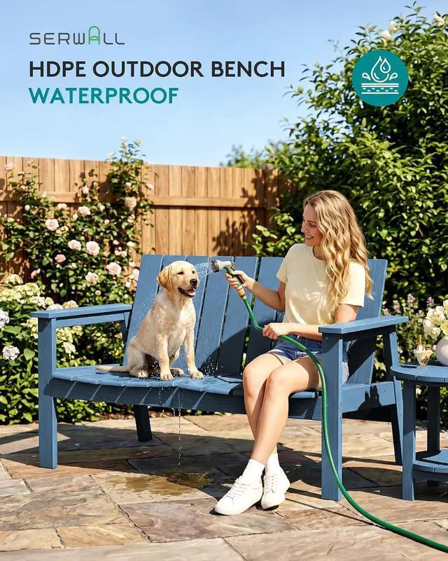 Alt view image 4 of 7 - HDPE Outdoor Bench, 2-Person All-Weather Outdoor Bench, Patio Garden Bench with 660 lbs Capacity, Outdoor Patio Bench for Deck, Lawn, Garden, Navy
