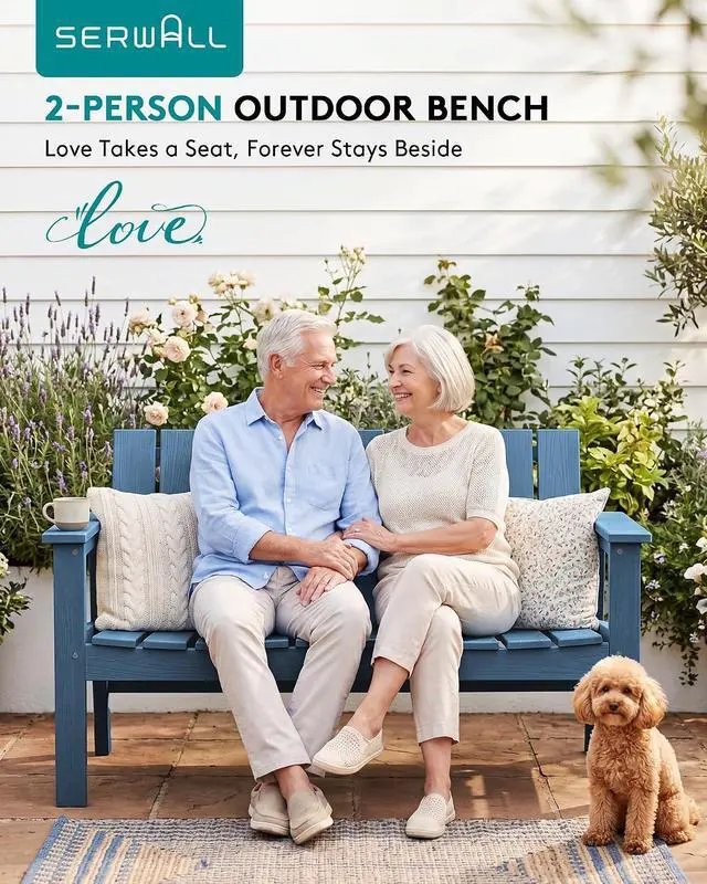 Alt view image 6 of 7 - HDPE Outdoor Bench, 2-Person All-Weather Outdoor Bench, Patio Garden Bench with 660 lbs Capacity, Outdoor Patio Bench for Deck, Lawn, Garden, Navy