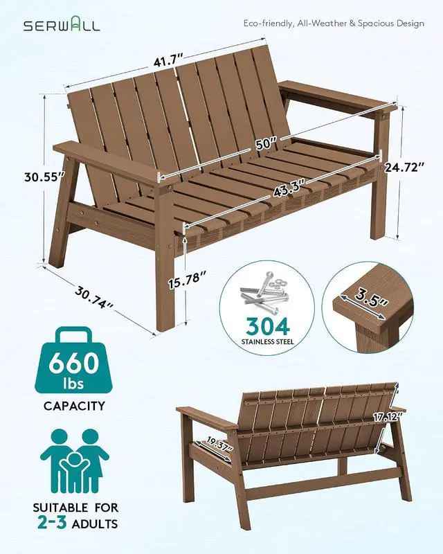 Alt view image 2 of 7 - HDPE Outdoor Bench Set of 2, 2-Person All-Weather Patio Garden Bench with 660 lbs Capacity, Curved Seat, Outdoor Patio Bench for Deck, Lawn, Garden, Brown