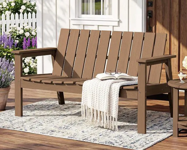 Alt view image 3 of 7 - HDPE Outdoor Bench Set of 2, 2-Person All-Weather Patio Garden Bench with 660 lbs Capacity, Curved Seat, Outdoor Patio Bench for Deck, Lawn, Garden, Brown