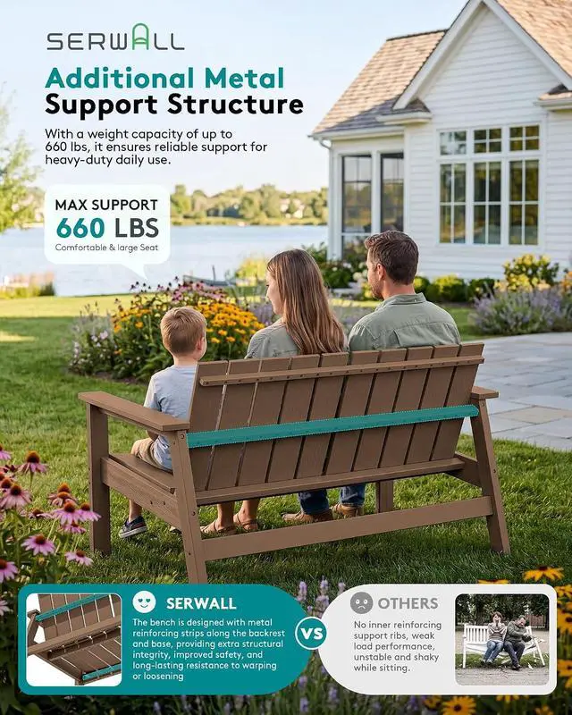 Alt view image 7 of 7 - HDPE Outdoor Bench, 2-Person All-Weather Outdoor Bench, Patio Garden Bench with 660 lbs Capacity, Outdoor Patio Bench for Deck, Lawn, Garden, Brown