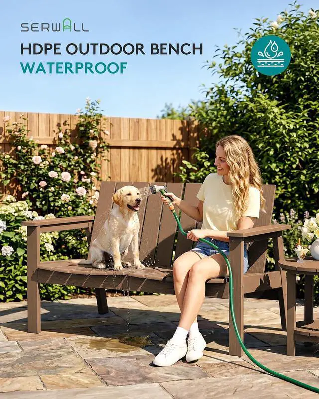Alt view image 5 of 7 - HDPE Outdoor Bench Set of 2, 2-Person All-Weather Patio Garden Bench with 660 lbs Capacity, Curved Seat, Outdoor Patio Bench for Deck, Lawn, Garden, Brown