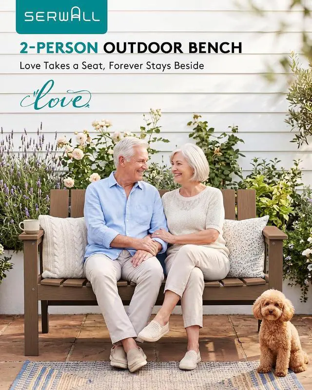 Alt view image 7 of 7 - HDPE Outdoor Bench Set of 2, 2-Person All-Weather Patio Garden Bench with 660 lbs Capacity, Curved Seat, Outdoor Patio Bench for Deck, Lawn, Garden, Brown