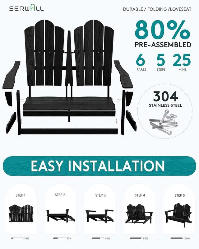Alt view image 2 of 7 - Folding Adirondack Bench, HDPE All-Weather Adirondack Loveseat, 660 lbs Capacity, Foldable Outdoor Patio Bench for Deck, Lawn, Garden, Black