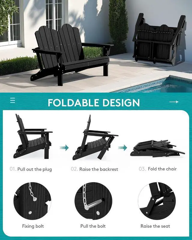 Alt view image 3 of 7 - Folding Adirondack Bench, HDPE All-Weather Adirondack Loveseat, 660 lbs Capacity, Foldable Outdoor Patio Bench for Deck, Lawn, Garden, Black