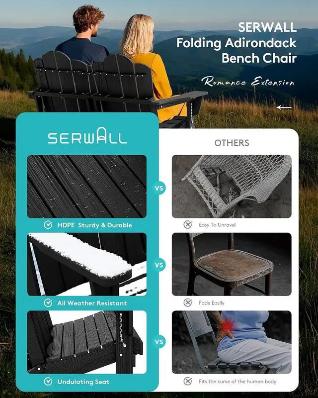 Alt view image 4 of 7 - Folding Adirondack Bench, HDPE All-Weather Adirondack Loveseat, 660 lbs Capacity, Foldable Outdoor Patio Bench for Deck, Lawn, Garden, Black