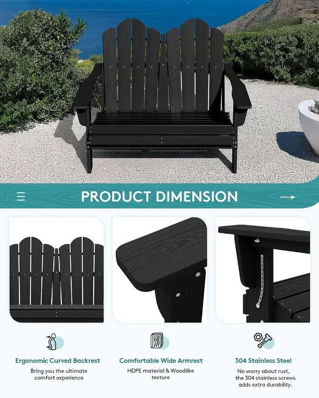 Alt view image 5 of 7 - Folding Adirondack Bench, HDPE All-Weather Adirondack Loveseat, 660 lbs Capacity, Foldable Outdoor Patio Bench for Deck, Lawn, Garden, Black