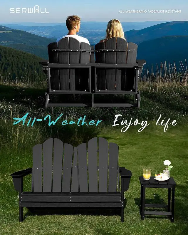 Alt view image 6 of 7 - Folding Adirondack Bench, HDPE All-Weather Adirondack Loveseat, 660 lbs Capacity, Foldable Outdoor Patio Bench for Deck, Lawn, Garden, Black