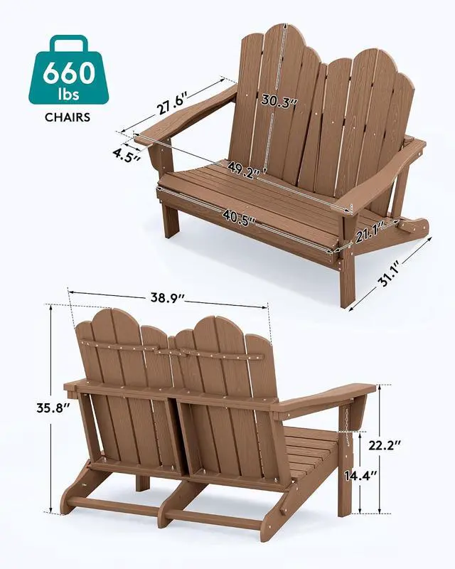 Alt view image 3 of 7 - Folding Adirondack Bench, HDPE All-Weather Adirondack Loveseat, 660 lbs Capacity, Foldable Outdoor Patio Bench for Deck, Lawn, Garden, Brown