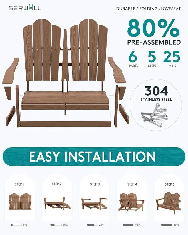 Alt view image 4 of 7 - Folding Adirondack Bench, HDPE All-Weather Adirondack Loveseat, 660 lbs Capacity, Foldable Outdoor Patio Bench for Deck, Lawn, Garden, Brown
