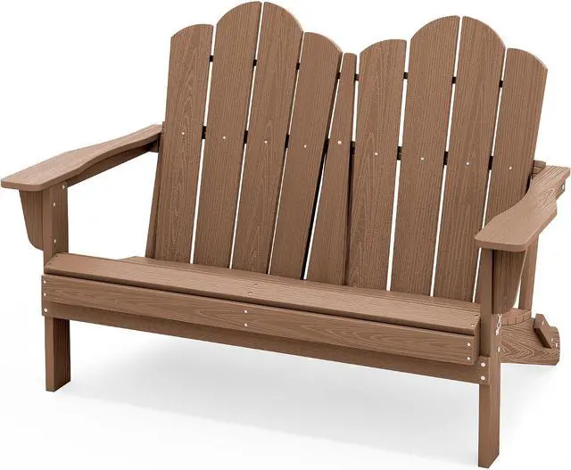 Main image of Folding Adirondack Bench, HDPE All-Weather Adirondack Loveseat, 660 lbs Capacity, Foldable Outdoor Patio Bench for Deck, Lawn, Garden, Brown