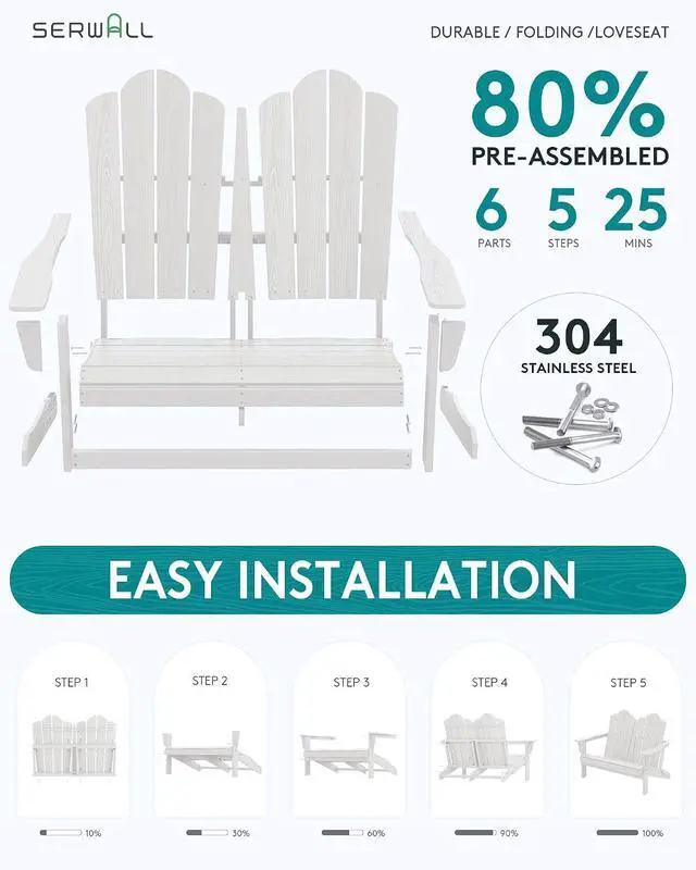Alt view image 4 of 7 - Folding Adirondack Bench, HDPE All-Weather Adirondack Loveseat, 660 lbs Capacity, Foldable Outdoor Patio Bench for Deck, Lawn, Garden, White