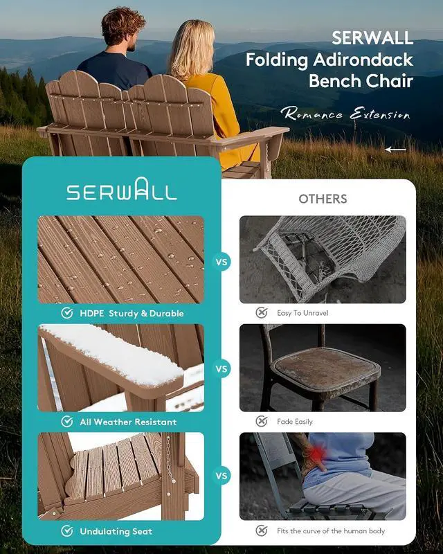 Alt view image 5 of 7 - Folding Adirondack Bench, HDPE All-Weather Adirondack Loveseat, 660 lbs Capacity, Foldable Outdoor Patio Bench for Deck, Lawn, Garden, Brown