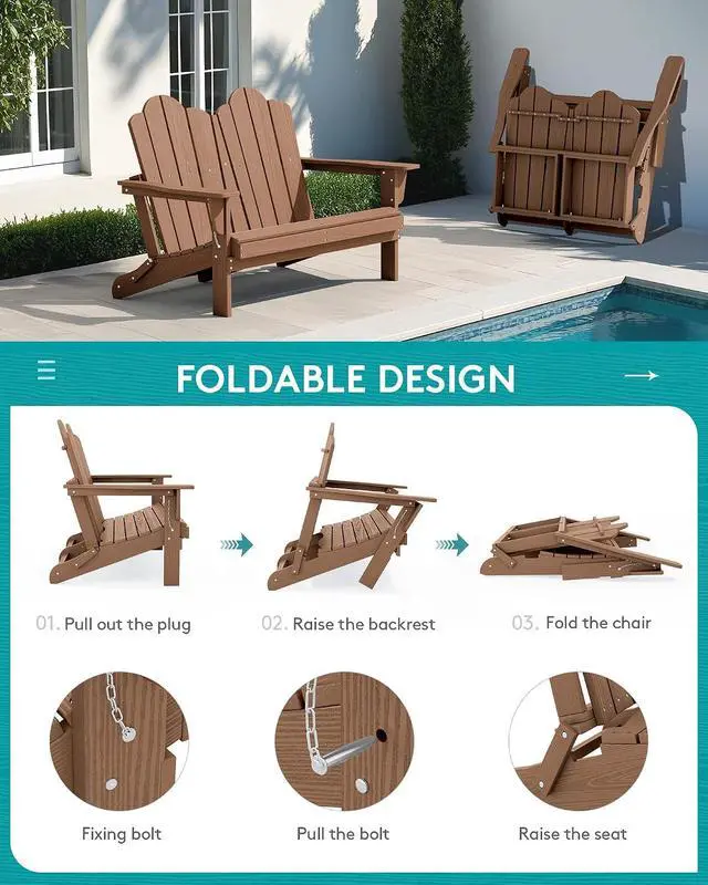 Alt view image 6 of 7 - Folding Adirondack Bench, HDPE All-Weather Adirondack Loveseat, 660 lbs Capacity, Foldable Outdoor Patio Bench for Deck, Lawn, Garden, Brown