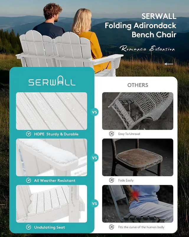 Alt view image 5 of 7 - Folding Adirondack Bench, HDPE All-Weather Adirondack Loveseat, 660 lbs Capacity, Foldable Outdoor Patio Bench for Deck, Lawn, Garden, White
