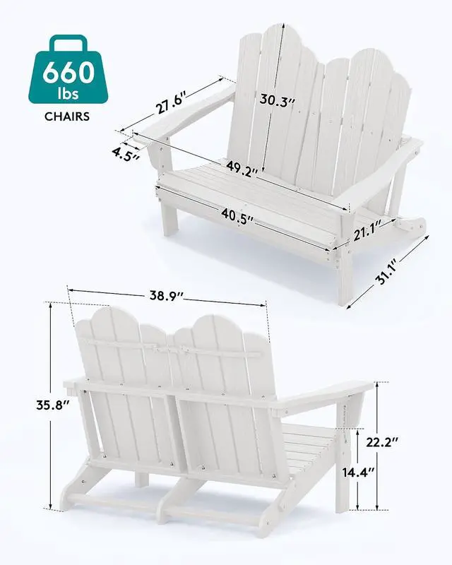 Alt view image 3 of 7 - Folding Adirondack Bench, HDPE All-Weather Adirondack Loveseat, 660 lbs Capacity, Foldable Outdoor Patio Bench for Deck, Lawn, Garden, White