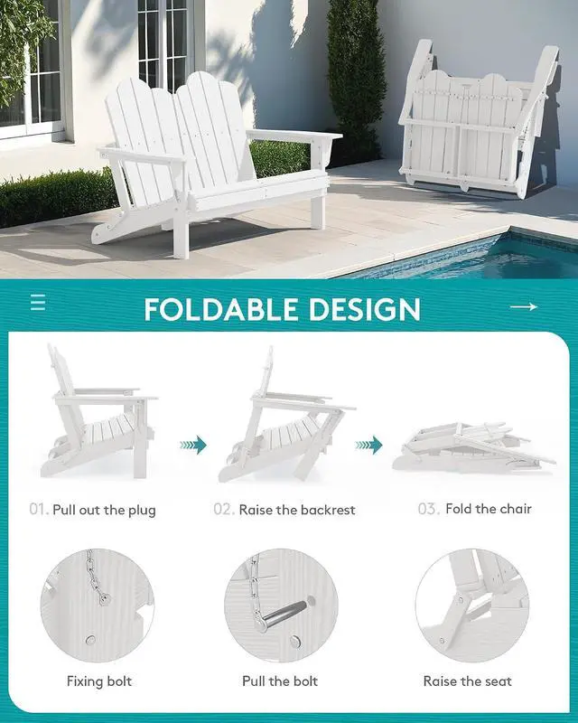 Alt view image 6 of 7 - Folding Adirondack Bench, HDPE All-Weather Adirondack Loveseat, 660 lbs Capacity, Foldable Outdoor Patio Bench for Deck, Lawn, Garden, White
