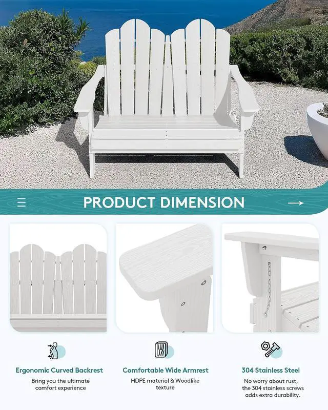 Alt view image 7 of 7 - Folding Adirondack Bench, HDPE All-Weather Adirondack Loveseat, 660 lbs Capacity, Foldable Outdoor Patio Bench for Deck, Lawn, Garden, White