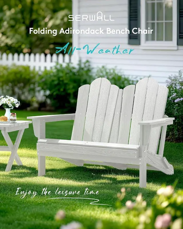 Alt view image 2 of 7 - Folding Adirondack Bench Set of 2, HDPE All-Weather Adirondack Loveseat, Folding Outdoor Bench, White